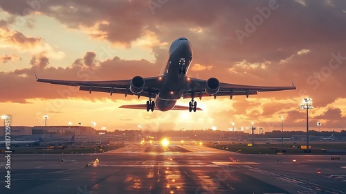 A plane taking off from an airport runway at sunset, creating a dramatic and cinematic scene.