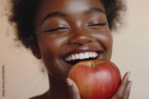 A joyful young woman with radiant skin bites into a crisp, red apple, showcasing healthy eating and vibrant beauty. photo