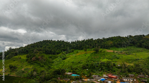 Aerial view Amazing beauty in the hill tribe village.The bridge snaking through the rice fields to link the clergy and the community is one of Mae Hong Son's longest and most beautiful bamboo bridges photo