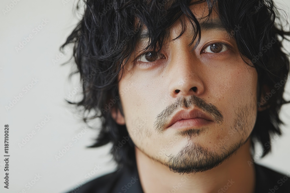 Obraz premium Close-up portrait of a man with dark, messy hair and a goatee, displaying a serious expression.