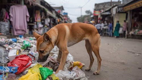 Stray Dog foraging for food amidst urban waste in a bustling street market filled with colorful plastic bags and discarded items, illustrating challenges of urban wildlife photo