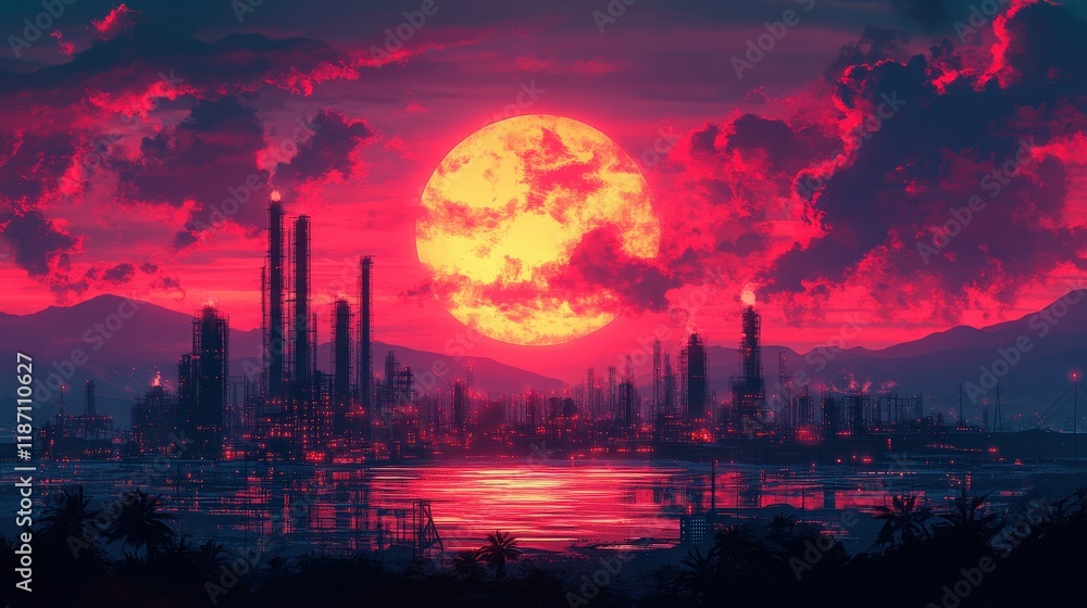 Dramatic Sunset Over Industrial Landscape with Silhouetted Refineries and Vibrant Sky, Capturing the Intricate Balance of Nature and Industry Dramatic Sunset Over Industrial Landscape with Silhouetted Refineries and Vibrant Sky, Capturing the Intricate Balance of Nature and Industry
