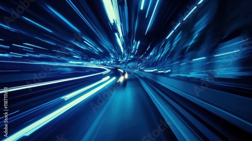 Fast night drive  blue light trails  speed  motion blur.