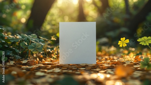 Blank Sign Amongst Clover and Gold Coins in a Forest photo