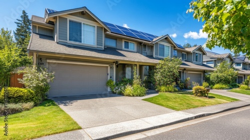A well-maintained twin house with solar panels on the roof  located in a quiet suburban neighborhood.