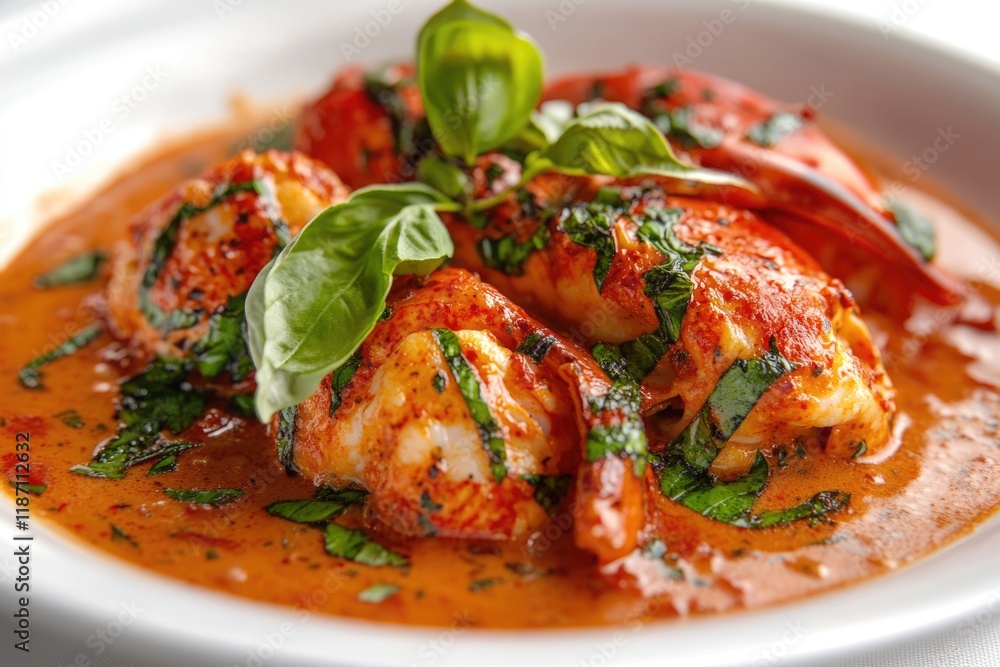 Lobster in a creamy tomato sauce, garnished with fresh basil. Lobster in a creamy tomato sauce, garnished with fresh basil.