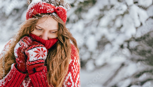Obraz na płótnie Woman Wearing Knitted Sweater in Winter Wonderland w salonie