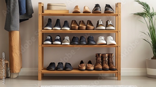 A wooden shoe rack with rows of sneakers, sandals, and boots, placed near a coat rack in a tidy home entryway. photo