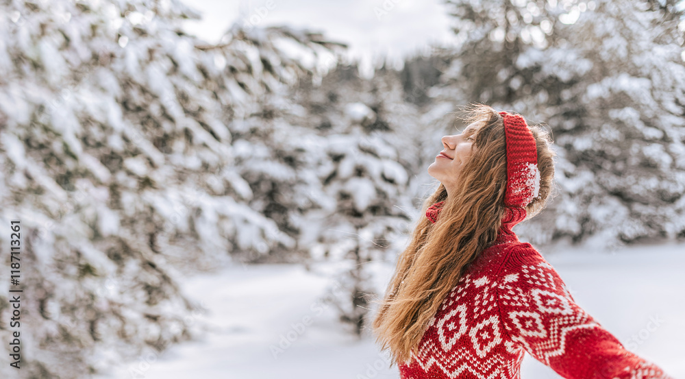 Woman Enjoying Serene Winter in Snowy Forest