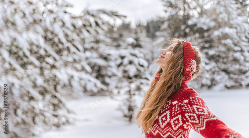 Obraz na płótnie Woman Enjoying Serene Winter in Snowy Forest w salonie