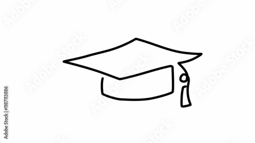 Self drawing simple animation of continuous one line drawing of graduation cup with tissel. Black lines on a white background. Hand drawing.
