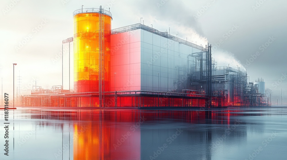 Obraz premium Industrial Facility at Dawn with Reflections and Vibrant Orange Glow Amidst Steam and Fog, Symbolizing Energy Production and Modern Infrastructure