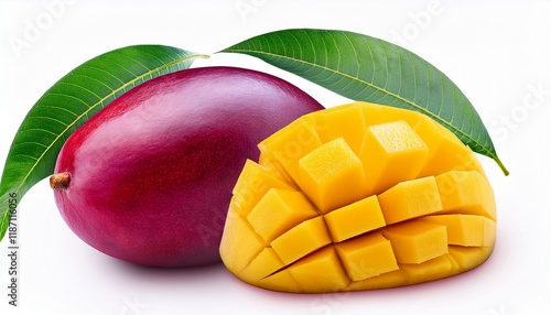 mango isolated entire ripe purple mango with slice and leaf on white background nsliced mango with clipping path complete depth of subject photo