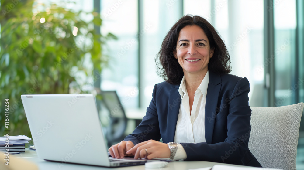 Middle age European business woman CEO using laptop application for work at table workspace in office. Smiling Latin Hispanic mature adult professional businesswoman using pc digit Middle age European business woman CEO using laptop application for work at table workspace in office. Smiling Latin Hispanic mature adult professional businesswoman using pc digit