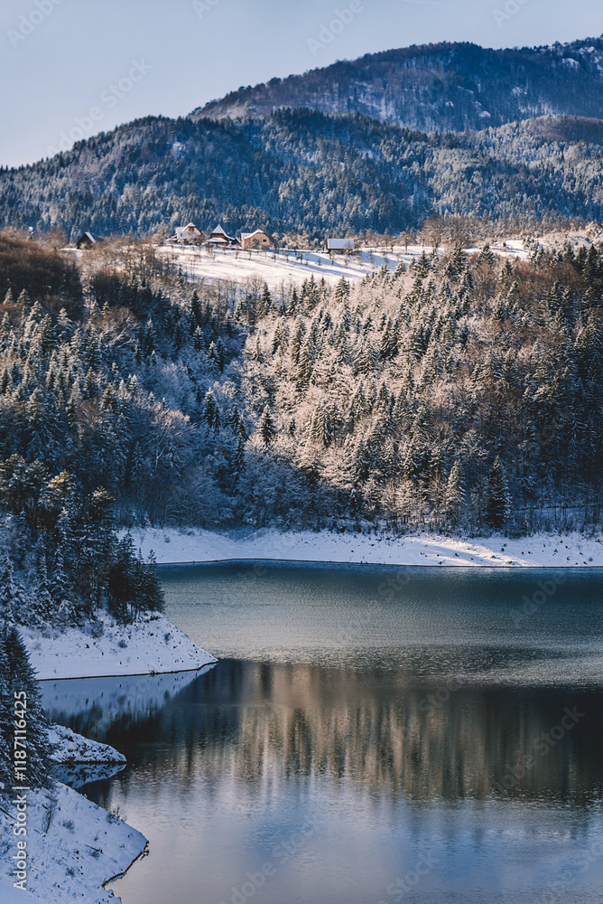 Snowy Winter Landscape of Zaovine Mountain Lake