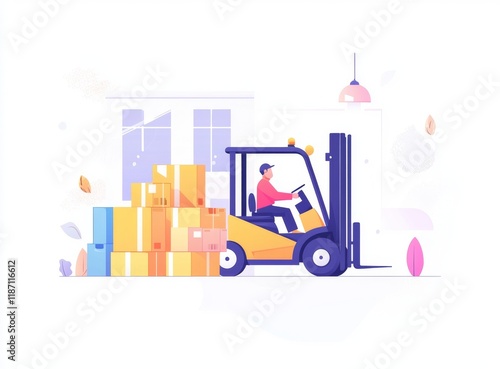 A yellow forklift truck with a driver, set against a white background. It's an electric uploader used for delivery, logistics, and shipping cargo. This flat modern illustration showcases warehouse photo