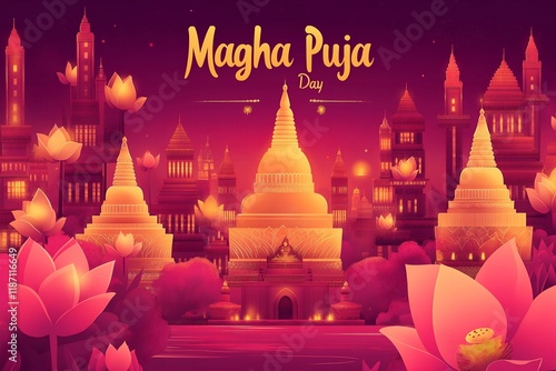 Golden pagodas with glowing lotus flowers and vibrant lights for Magha Puja Day celebration photo