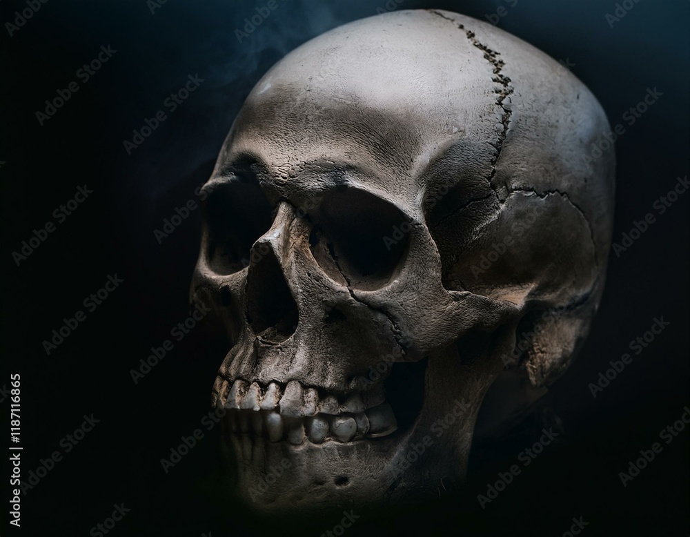 Obraz premium Human skull in dark moody environment