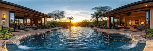 Sunset view of a luxurious backyard pool and patio