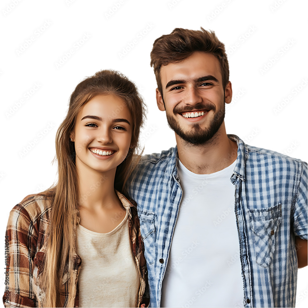 Happy Young Couple Portrait Studio Shot, Smiling Cheerful Attractive Man and Woman in Casual Plaid Shirts, Close-Up Friendship and Relationship Happy Young Couple Portrait Studio Shot, Smiling Cheerful Attractive Man and Woman in Casual Plaid Shirts, Close-Up Friendship and Relationship