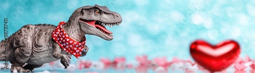 Playful Tyrannosaurus Rex Toy with Heart-Shaped Decoration Against a Sparkling Blue Background, Perfect for Fun and Whimsical Valentine's Day Themes photo