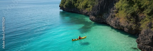 An adventure seeker kayaking over crystal-clear waters, surrounded by stunning coastal scenery, highlighting the beauty and excitement of outdoor activities. photo