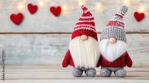 Adorable and Cozy Gnome Figurines Perfect for Holiday Decor with Red Hearts and Soft Background, Adding Charm and Whimsy to Your Seasonal Celebrations photo