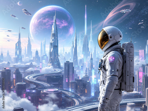 An astronaut stands on a futuristic city overlooking a bright, moonlike sphere in this image from an asset library. photo