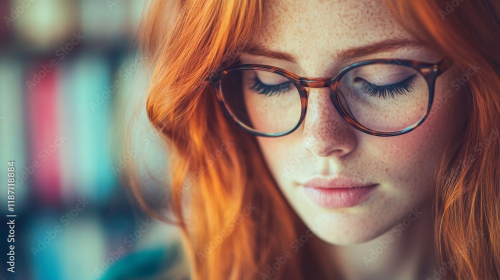 Red haired woman wearing glasses looking down Red haired woman wearing glasses looking down