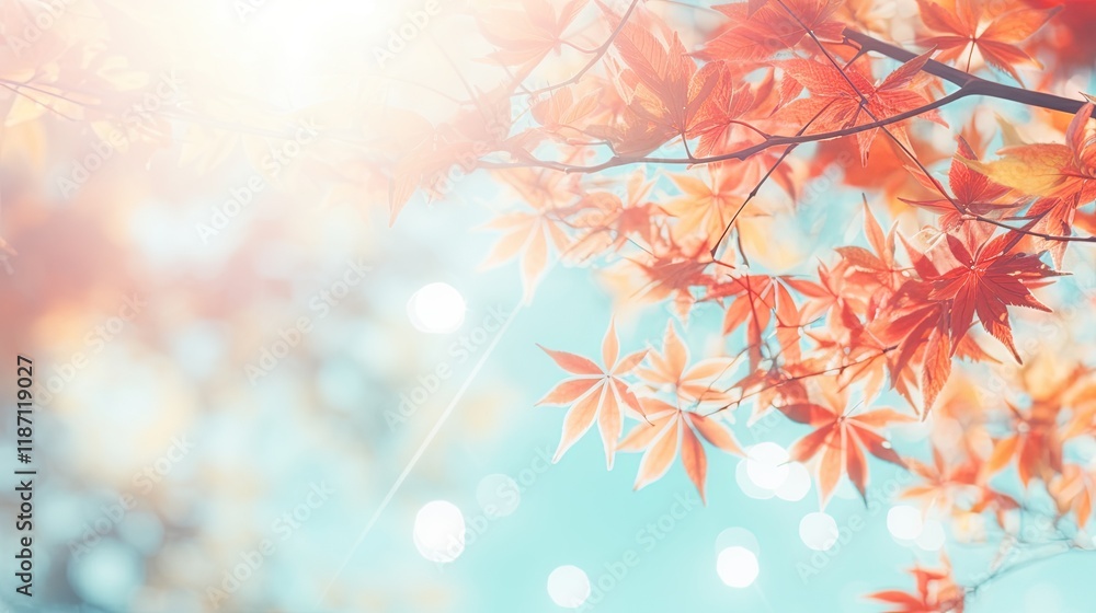 Autumn maple leaves background with sun rays and bokeh. Autumn maple leaves background with sun rays and bokeh.