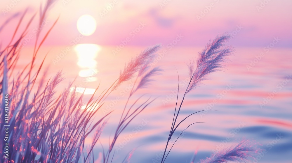 Serene sunset over calm water, pink and purple hues, grass in foreground. Serene sunset over calm water, pink and purple hues, grass in foreground.