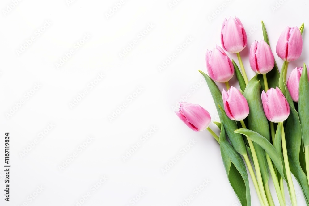 Pink tulips forming a bouquet resting on a white background with space for text Pink tulips forming a bouquet resting on a white background with space for text
