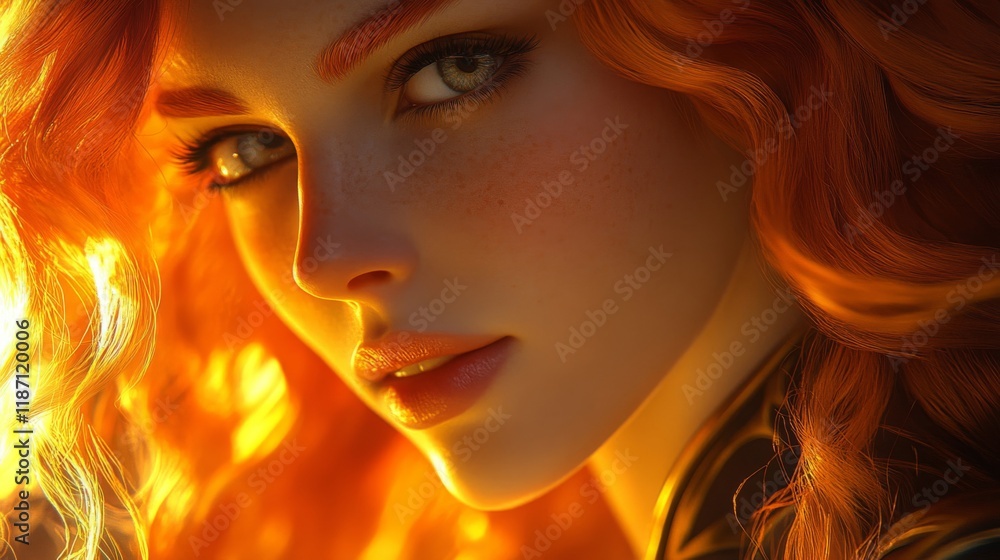 Golden Light Illuminates Redhead Woman Close Up