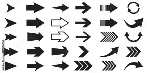 Arrows big black set icons, arrow icon, modern simple arrows, arrow vector collection . Arrows set icon in black color.  Cursor, pointer for web design, interface. Vector illustration.