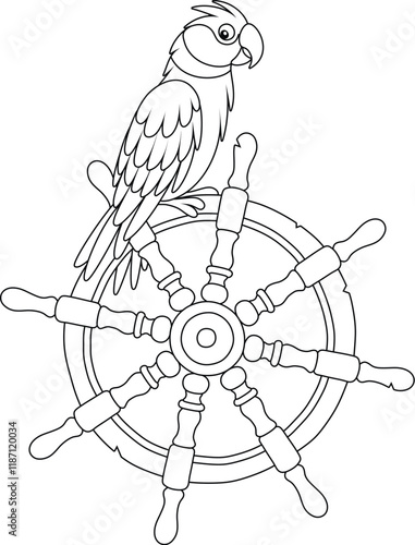Funny pirate parrot on an old wooden helm from a filibuster sailboat, black and white outline vector cartoon illustration for a coloring book