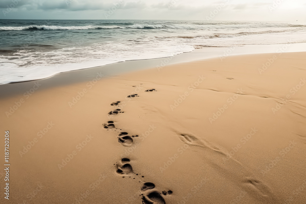 Sandy beach with a row of footprints in the sand. Sandy beach with a row of footprints in the sand.