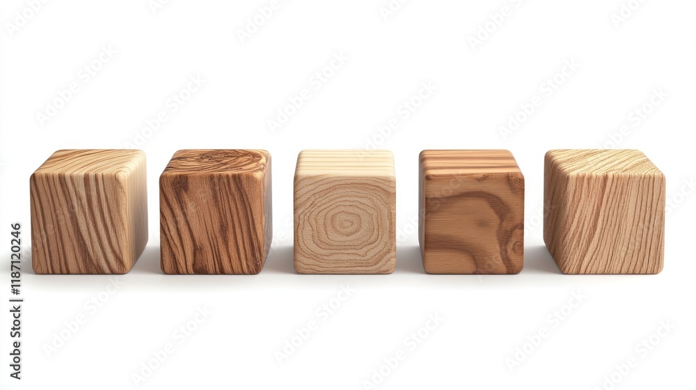 Five wooden cubes in a row, showcasing different wood grains and textures on a white background. Five wooden cubes in a row, showcasing different wood grains and textures on a white background.