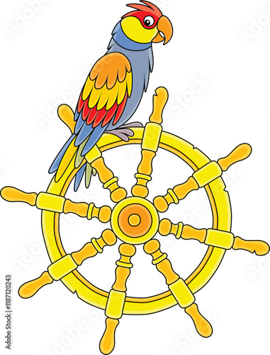 Funny pirate parrot on an old wooden helm from a filibuster sailboat, vector cartoon illustration on a white background