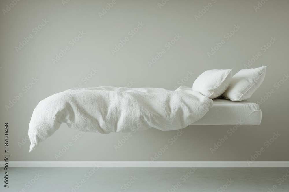 Fototapeta premium This minimalist image portrays a floating bed, creating a surreal visual that challenges conventional notions of gravity and offers a sense of dreamy tranquility and modern design.