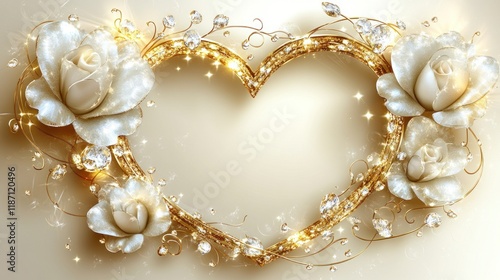 Golden heart frame with white roses, diamonds, sparkles on light background.