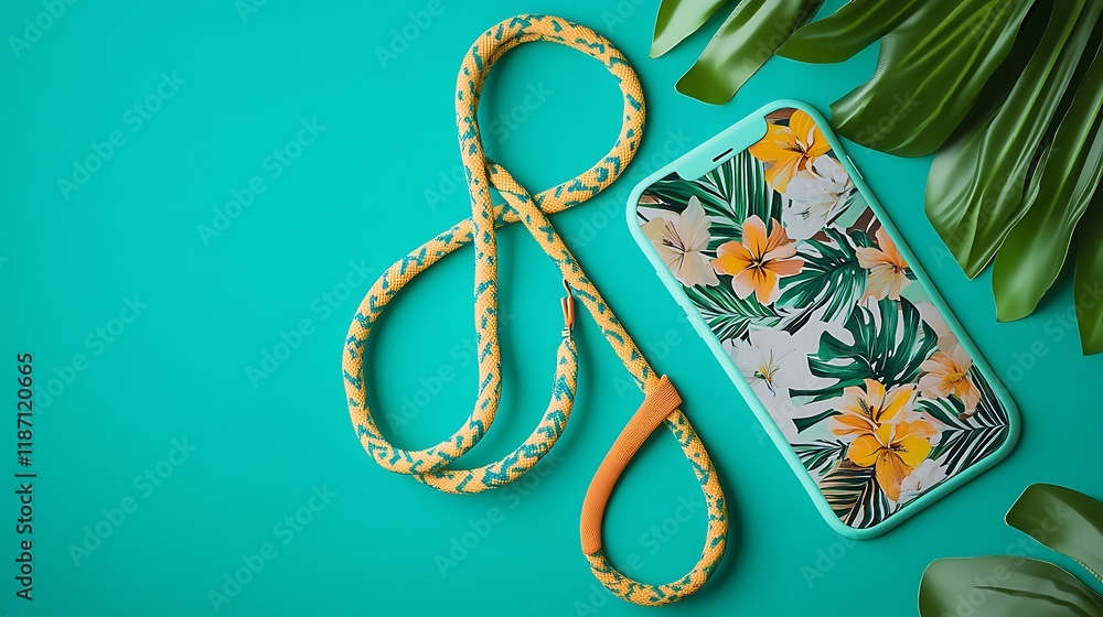 Fototapeta premium Teal phone with tropical floral screen & strap.