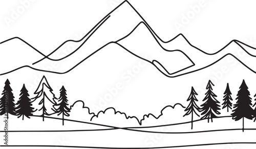 Mountain Range and Forest in Simple Line Drawing. Vector Design