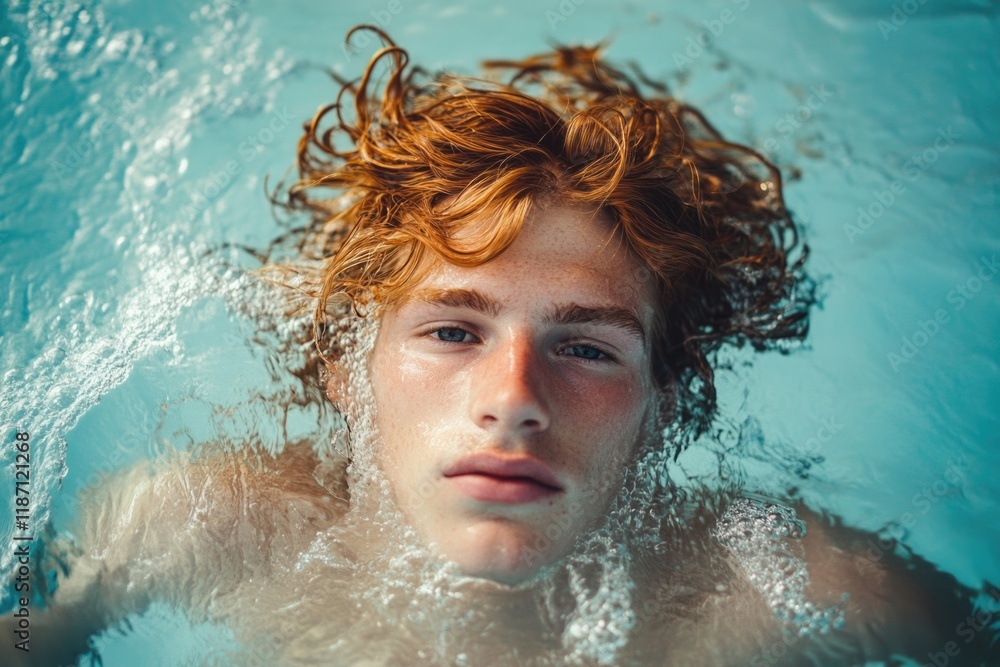 A young male figure floats in a pool, his vibrant hair swirling around him, capturing emotions of freedom and connection to nature while enjoying the refreshing water's embrace. A young male figure floats in a pool, his vibrant hair swirling around him, capturing emotions of freedom and connection to nature while enjoying the refreshing water's embrace.