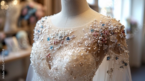 Close-up of beaded, embroidered wedding dress bodice on a mannequin.