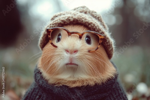 This charming image features an adorable guinea pig wearing fashionable eyewear and a knitted hat, blending cuteness and style, perfect for animal lovers and quirky digital art. photo