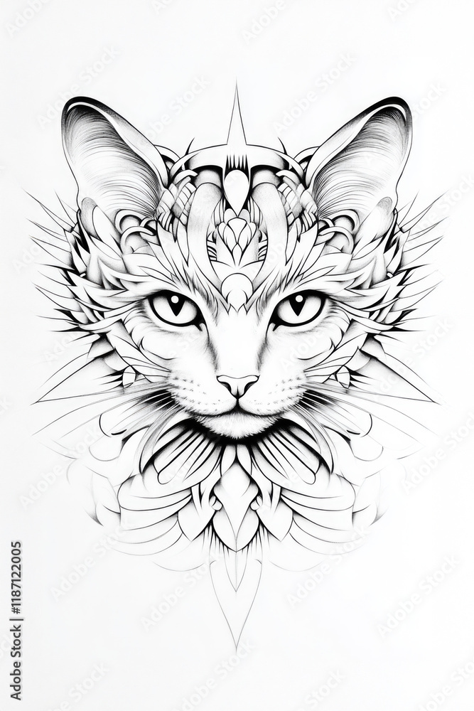 Obraz premium A stunning illustration of a cat's face intricately designed with floral patterns and geometric elements, reflecting creativity and the beauty of nature in art.