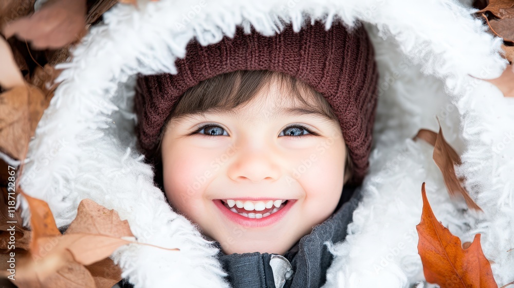 A joyful child smiles brightly while nestled in autumn leaves, dressed warmly in a cozy outfit, This heartwarming image can be used for family-oriented content, seasonal promotions A joyful child smiles brightly while nestled in autumn leaves, dressed warmly in a cozy outfit, This heartwarming image can be used for family-oriented content, seasonal promotions