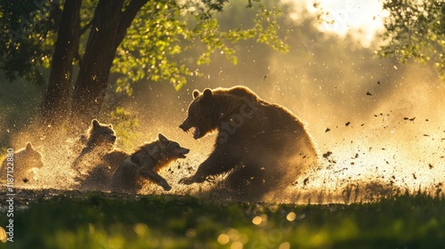 Brown Bear Confronting Wolf Pack in Golden Sunlight photo