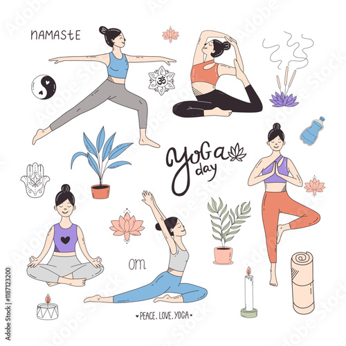 Yoga time elements set. Doodle set of women doing yoga vector illustration.