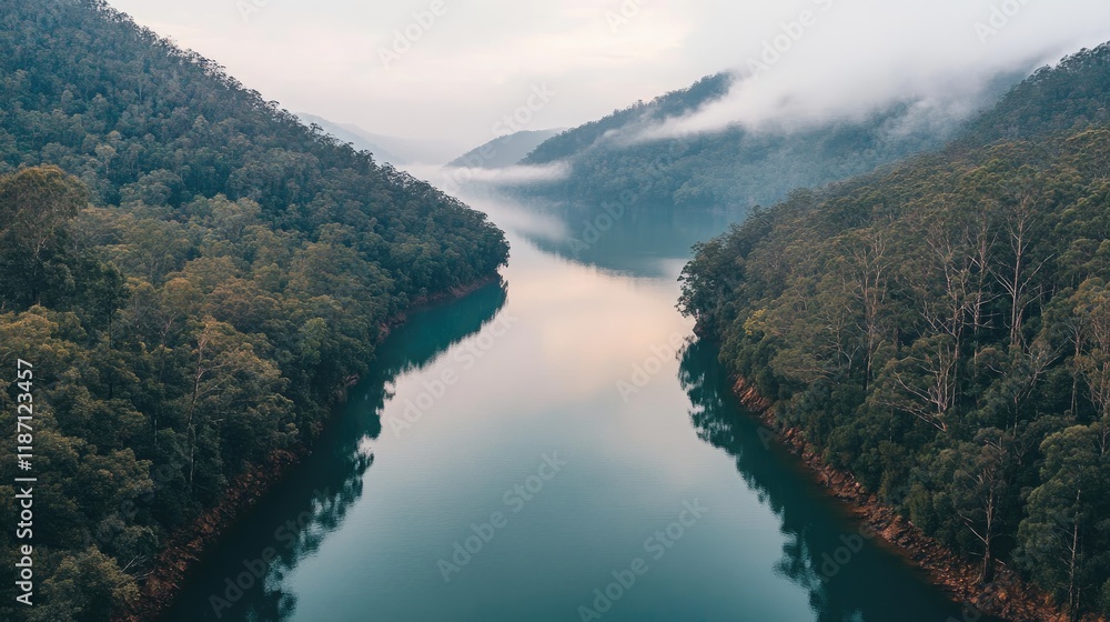 Serene River Valley Mist Shrouded Mountains Serene River Valley Mist Shrouded Mountains